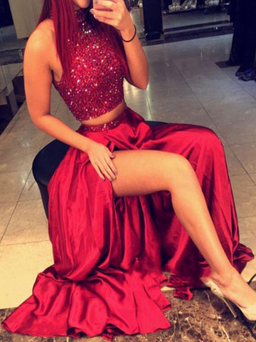 A Line High Neck 2 Pieces Red Long Prom Dress, Long Red Formal Dress
