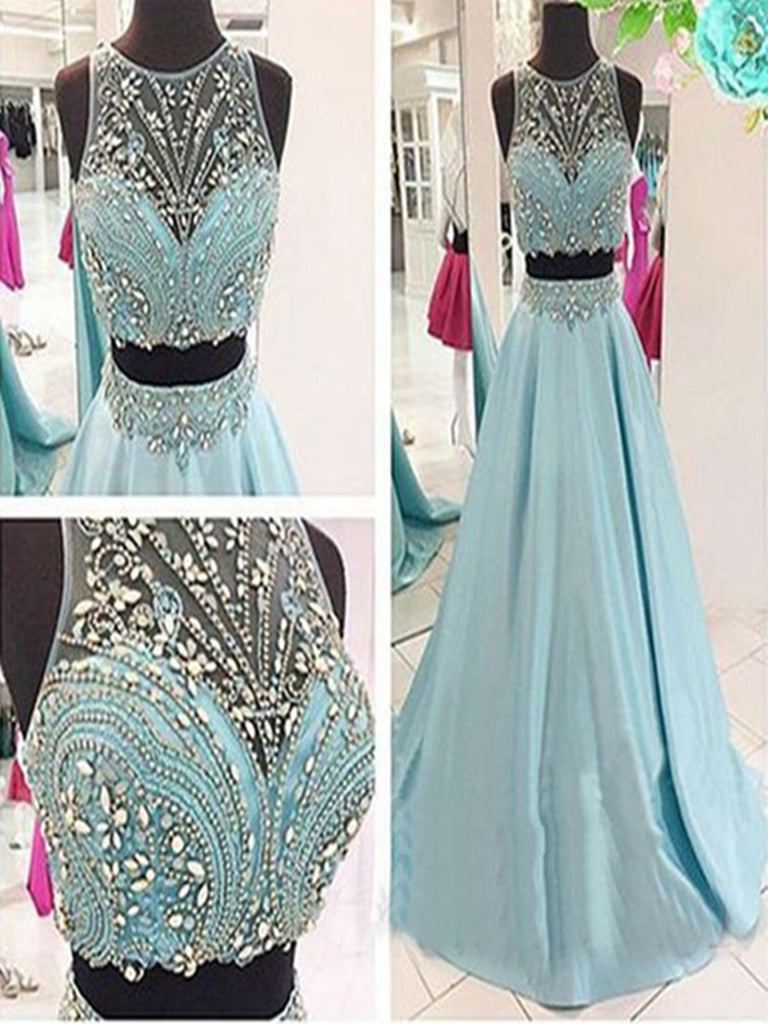 Custom Made A Line Round Neck 2 Pieces Prom Dress, 2 Pieces Formal Dress, Evening Dress