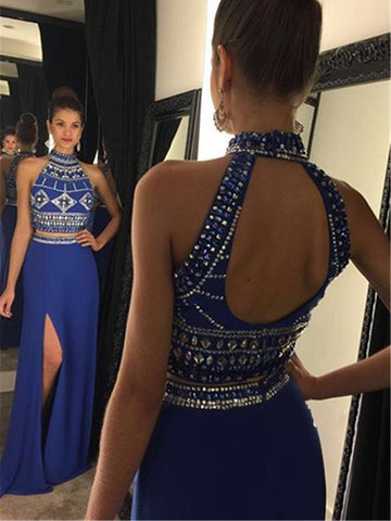 Custom Made Two Pieces High Neck Prom Dress 2016 Long Chiffon With Beadings