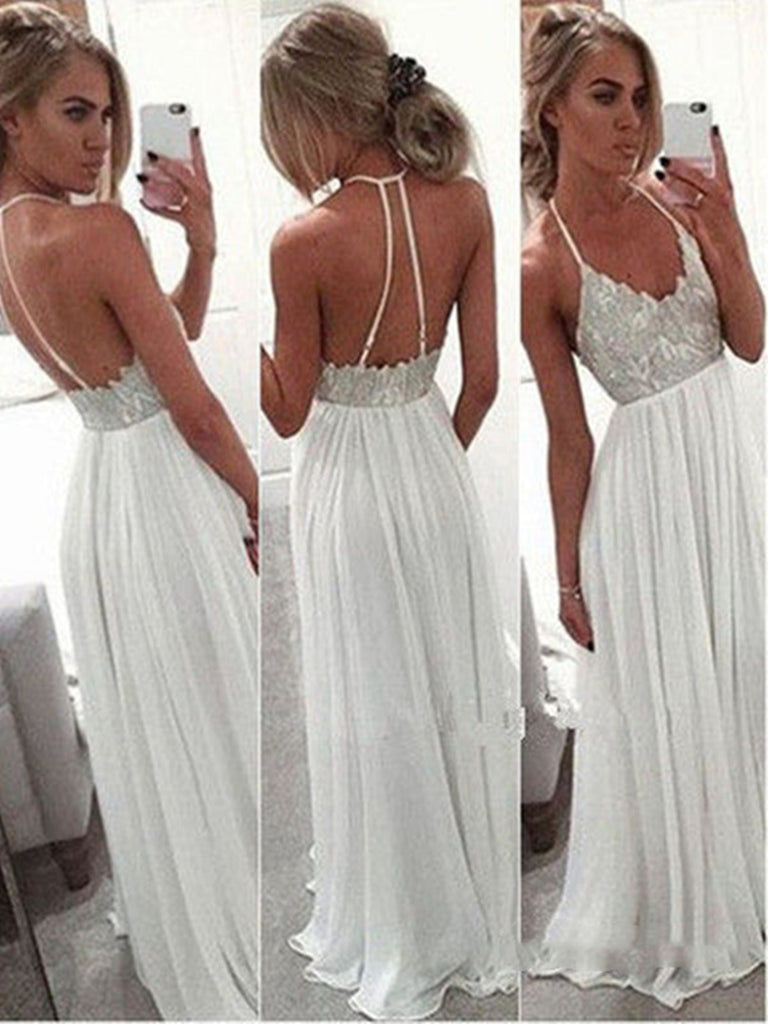Custom Made White A-line Backless Long Lace Prom Dresses, Formal Dress