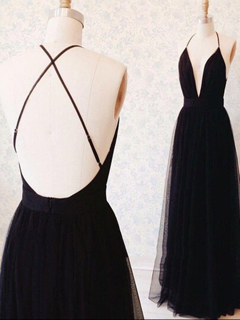A Line V Neck Black Backless Prom Dresses, Black Backless Formal Dress
