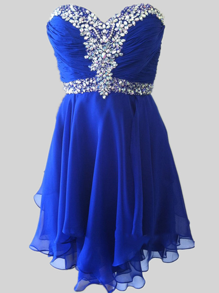 Custom Made A Line Sweetheart Neck Short Royal Blue Prom Dresses, Shor Shiny Party Custom Made A Line Sweetheart Neck Short Royal Blue Prom Dresses, Shor Shiny Party