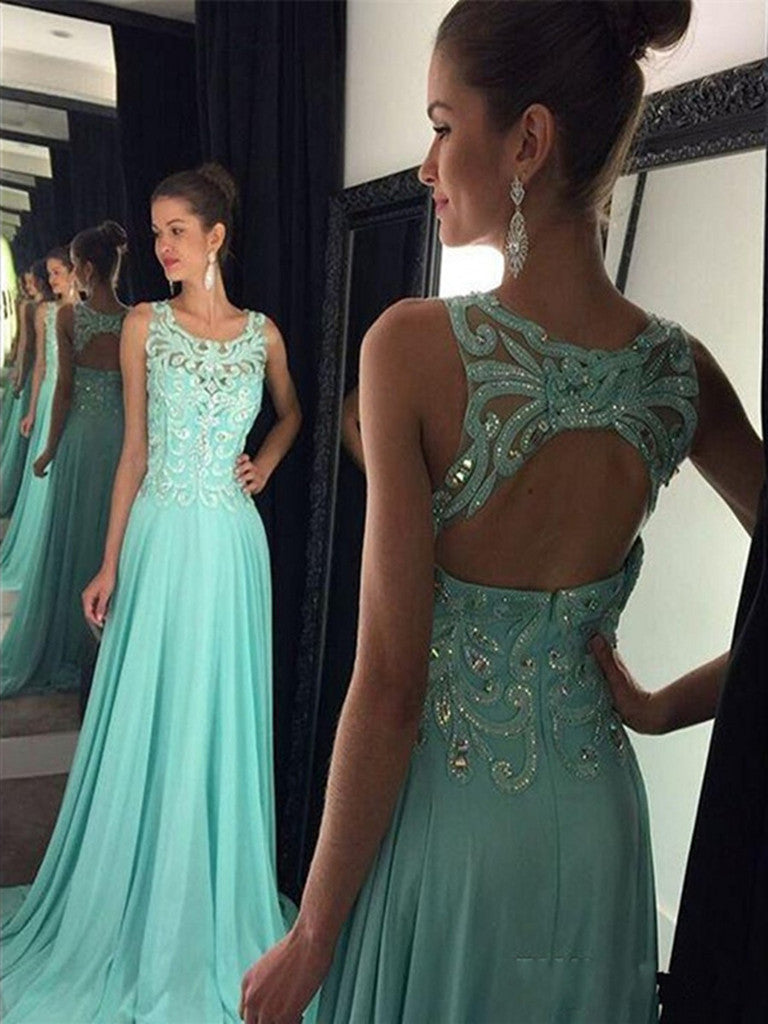 Simple A-line Slit Mint Green Jersey V-neck Backless Prom Dresses, FC1 –  OkBridal
