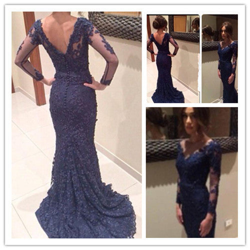 Custom Made Round Neck Navy Blue Lace Prom Dresses, Lace Wedding Dresses, Formal Dresses