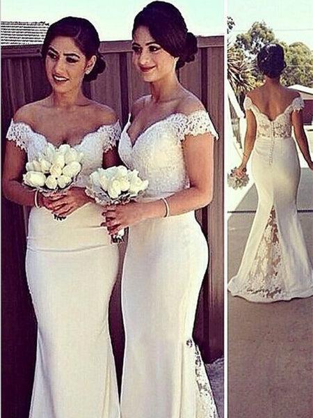 White Mermaid Off Shoulder Lace Prom Dresses, Lace Formal Dresses, White Lace Bridesmaid Dresses