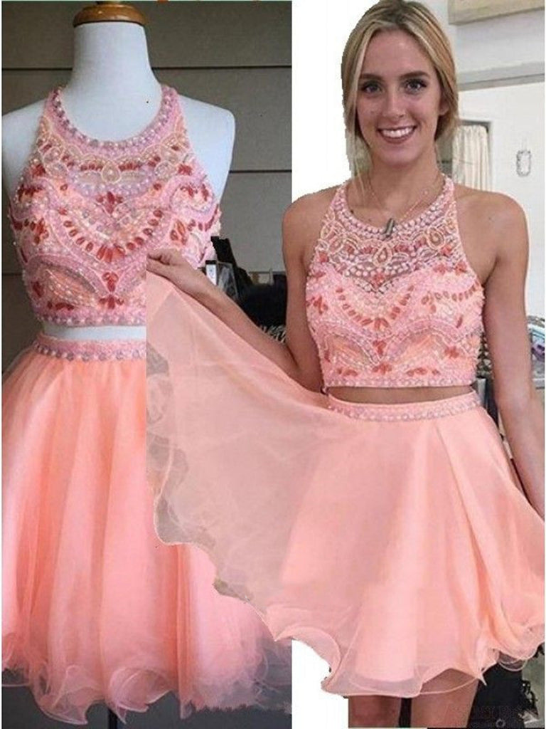 Custom Made A Line 2 Pieces Round Neck Short Pink Prom Dresses, 2 Pieces Short Pink Homecoming Dresses, Graduation Dresses