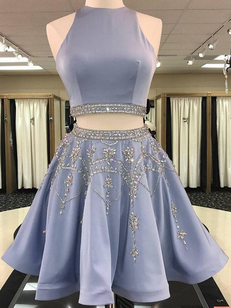 2 Pieces Satin Beaded Prom Dresses, 2 Pieces Homecoming Dresses, Forma Shiny Party 2 Pieces Satin Beaded Prom Dresses, 2 Pieces Homecoming Dresses, Forma Shiny Party