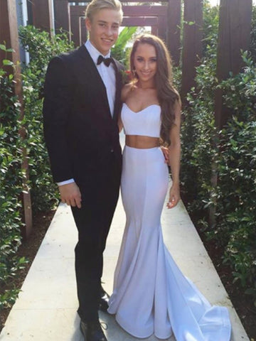 2 Pieces Sweetheart Neck Mermaid White Long Prom Dresses, White Formal Dresses, Evening Dresses