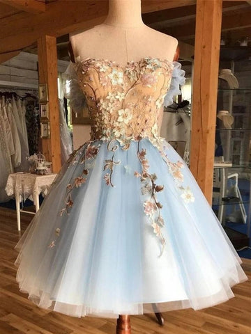 3D Floral Lace Blue Short Prom Dresses, Blue Lace Formal Graduation Homecoming Dresses