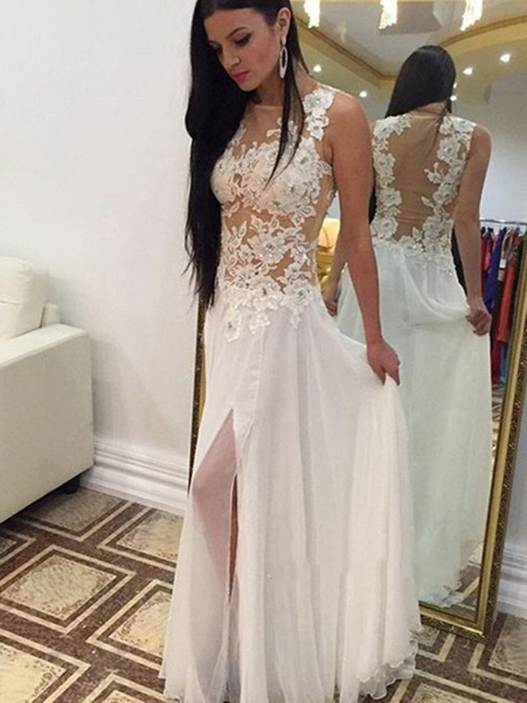 A Line Round Neck White Lace Wedding Dress, White Lace Prom Dresses, L