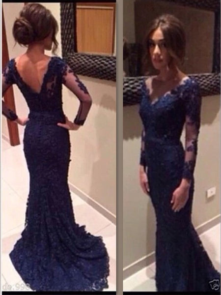 Custom Made Round Neck Navy Blue Lace Prom Dresses, Lace Wedding Dresses, Formal Dresses
