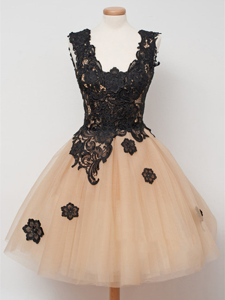 Short Champagne Prom Dresses with Black Lace Appliques, Champagne Home Shiny Party Short Champagne Prom Dresses with Black Lace Appliques, Champagne Home Shiny Party