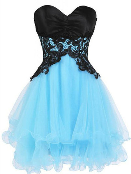 Custom Made Sweetheart Neck Short Blue Prom Dress with Black Lace Flower, Short Blue Homecoming Dress, Graduation Dress