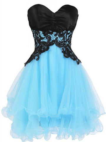 Custom Made Sweetheart Neck Short Blue Prom Dress with Black Lace Flower, Short Blue Homecoming Dress, Graduation Dress
