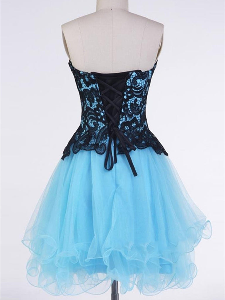 Custom Made Sweetheart Neck Short Blue Prom Dress with Black Lace Flow Shiny Party Custom Made Sweetheart Neck Short Blue Prom Dress with Black Lace Flow Shiny Party