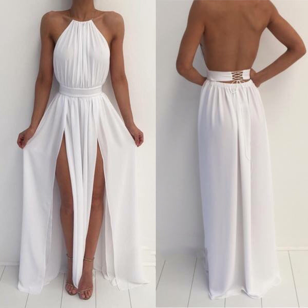 A Line High Neck White Backless Prom Dresses, White Backless Formal Dresses, Bridesmaid Dresses