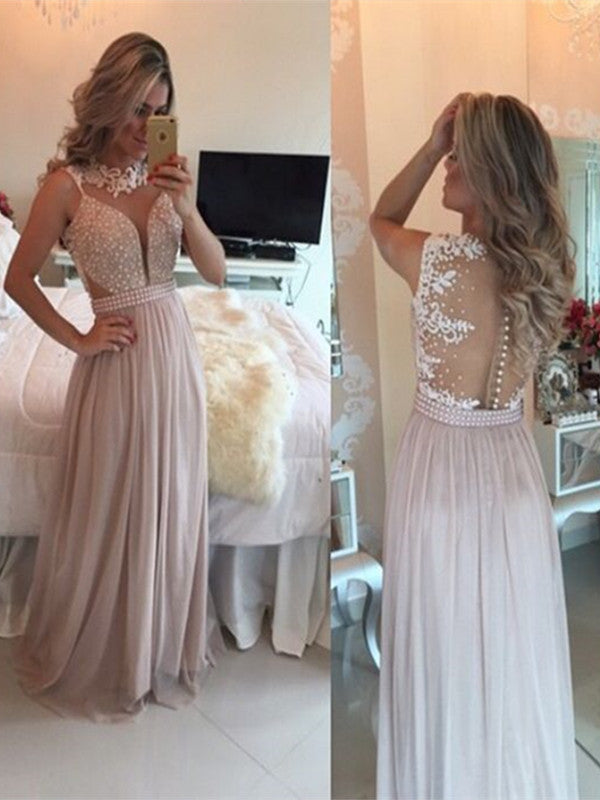 Custom Made A Line Round Neck Floor Length Lace Prom Dress, Long Lace Formal Dress