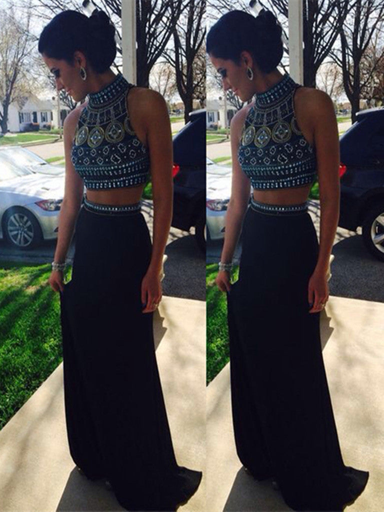 Custom Made High Neck Black Two Pieces Long Prom Dresses, 2 Pieces For Shiny Party Custom Made High Neck Black Two Pieces Long Prom Dresses, 2 Pieces For Shiny Party