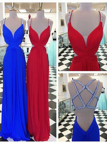 Sexy A Line Backless Red/Blue Prom Dresses, Backless Formal Dresses