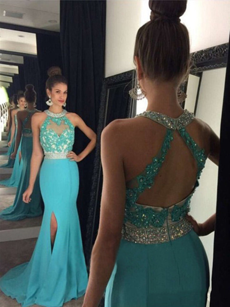 Custom Made A-line Round Neck Open Back Long Lace Prom Dresses, Formal Dress