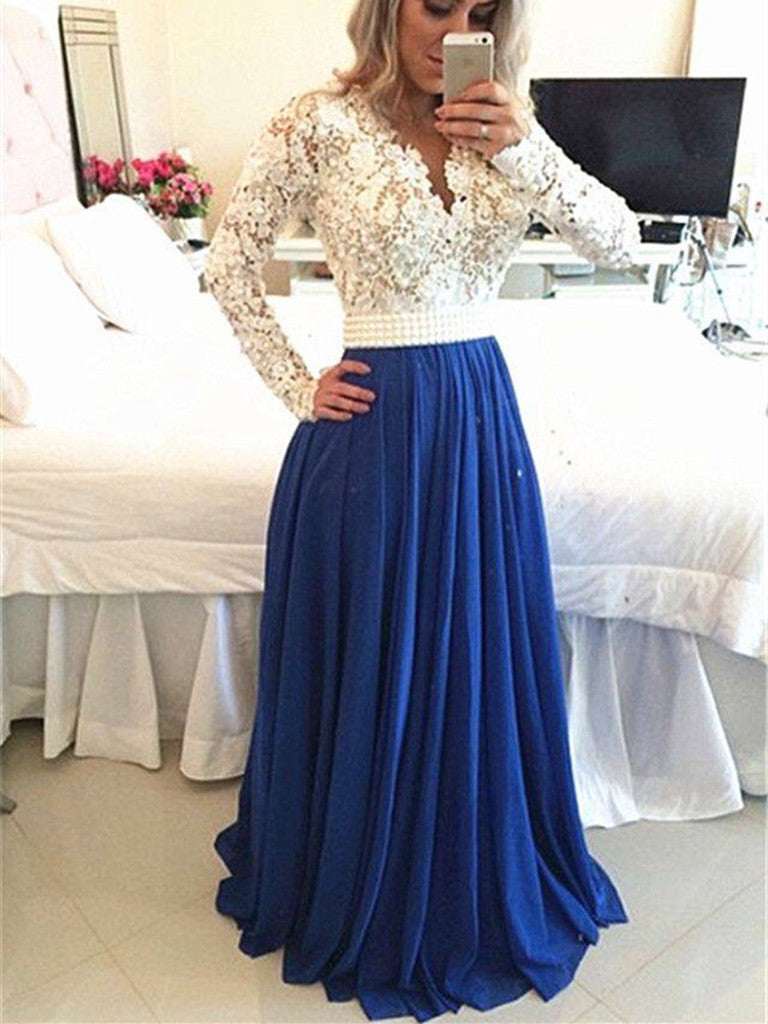 Custom Made A Line Long Sleeves White and Blue Lace Prom Dresses, Lace Shiny Party Custom Made A Line Long Sleeves White and Blue Lace Prom Dresses, Lace Shiny Party