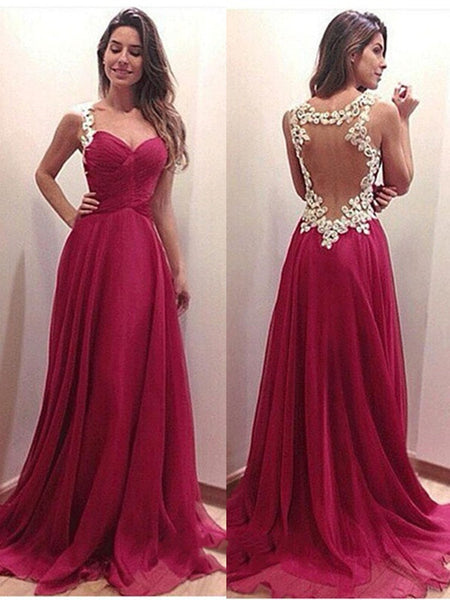 A-line Sweetheart Neck Backless Red Chiffon Long Prom Dresses, Evening Dresses