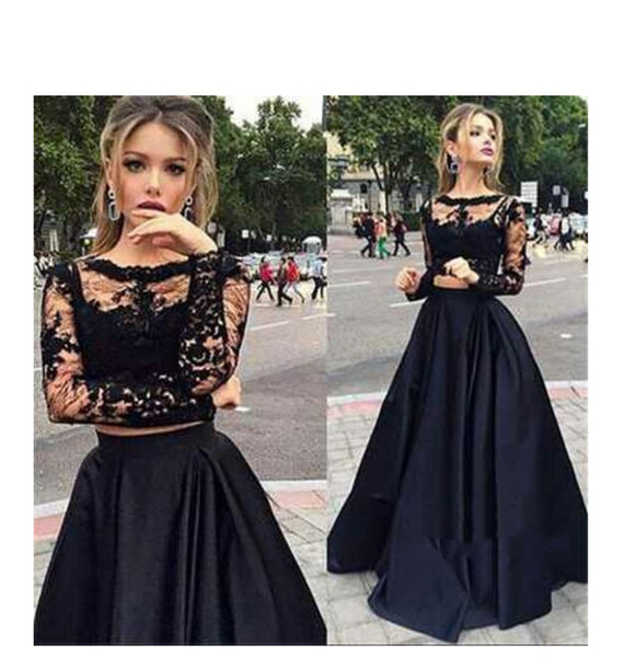 Round Neck Long Sleeves 2 Pieces Black Lace Prom Dresses, Black Lace Formal Dresses