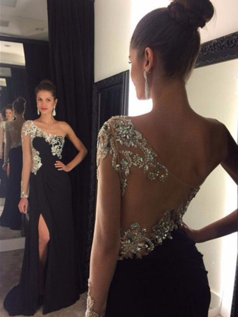 A Line One Shoulder Black Backless Prom Dress, Black Backless Formal D