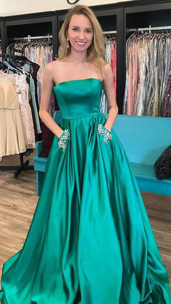 A-Line Strapless Blue Prom Dress with Beading Pockets, Green Formal Dress, Blue Evening Dress