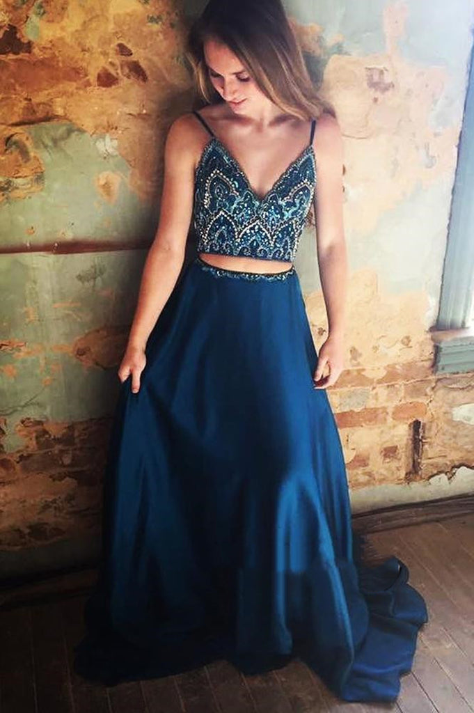 A Line 2 Pieces Navy Blue Prom Dress, Dark Blue 2 Pieces Formal Dress, Shiny Party A Line 2 Pieces Navy Blue Prom Dress, Dark Blue 2 Pieces Formal Dress, Shiny Party