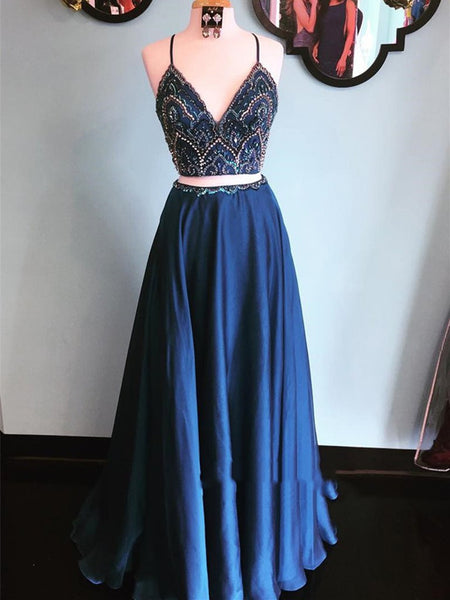 A Line 2 Pieces Navy Blue Prom Dress, Dark Blue 2 Pieces Formal Dress, Blue Evening Dress