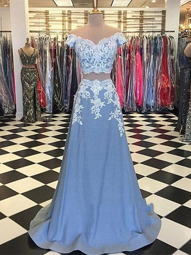 A Line 2 Pieces White Lace Sky Blue Prom Dress, Lace Evening Dress A Line 2 Pieces White Lace Sky Blue Prom Dress, Lace Evening Dress