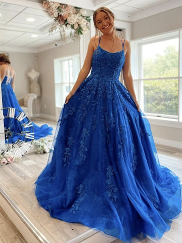 A Line Backless Blue Lace Long Prom Dresses, Blue Lace Formal Dresses, Blue Evening Dresses SP2082