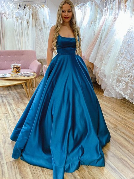 A Line Backless Blue Satin Long Prom Dresses with Belt, Backless Blue Formal Graduation Evening Dresses SP2095