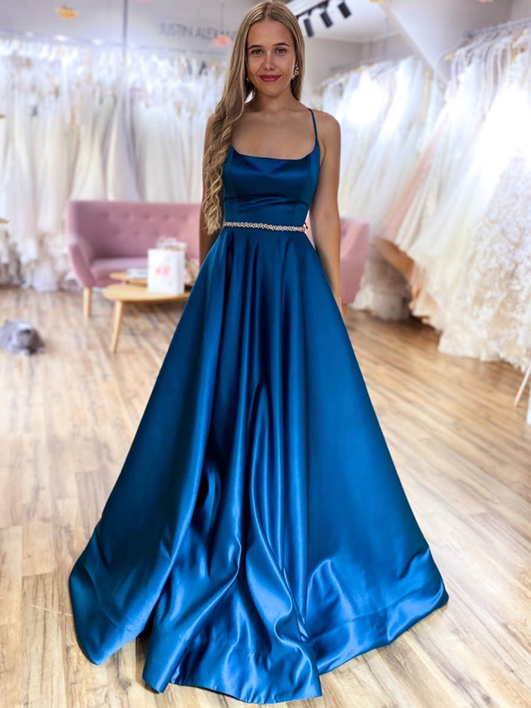 A Line Backless Blue Satin Long Prom Dresses with Belt, Backless Blue Formal Graduation Evening Dresses SP2095