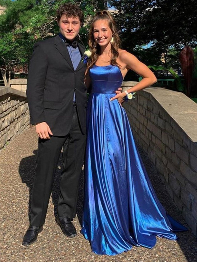 A Line Backless Blue Satin Long Prom Dresses with Straps, Backless Blu Shiny Party A Line Backless Blue Satin Long Prom Dresses with Straps, Backless Blu Shiny Party