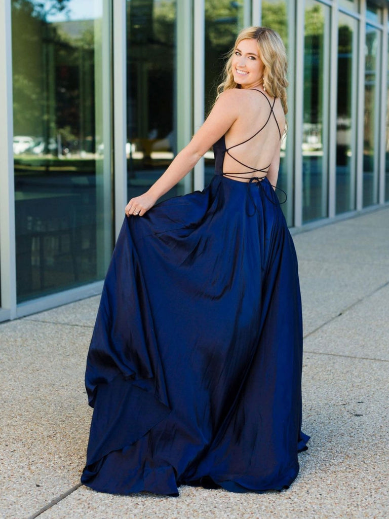 A Line Backless Navy Blue Satin Long Prom Dresses, Backless Navy Blue
