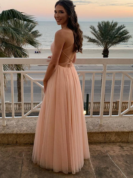 A Line Backless Pink Lace Long Prom Dresses, Pink Lace Formal Dresses, Pink Evening Dresses SP2067