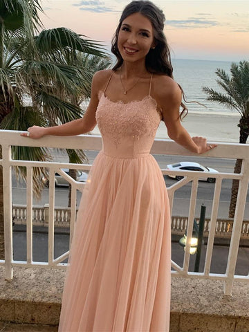 A Line Backless Pink Lace Long Prom Dresses, Pink Lace Formal Dresses, Pink Evening Dresses SP2067