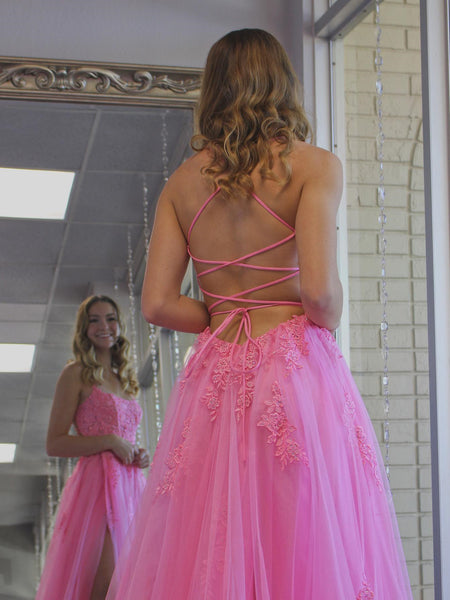 A Line Backless Pink Lace Long Prom Dresses with High Slit, Backless Pink Formal Dresses, Pink Lace Evening Dresses SP2145