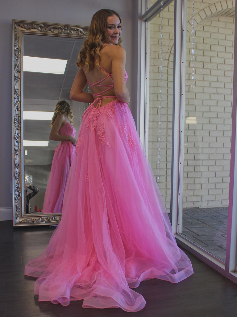 A Line Backless Pink Lace Long Prom Dresses with High Slit, Backless Pink Formal Dresses, Pink Lace Evening Dresses SP2145 A Line Backless Pink Lace Long Prom Dresses with High Slit, Backless Pink Formal Dresses, Pink Lace Evening Dresses SP2145