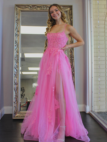 A Line Backless Pink Lace Long Prom Dresses with High Slit, Backless Pink Formal Dresses, Pink Lace Evening Dresses SP2145