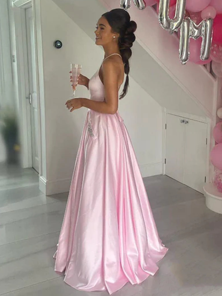 A Line Backless Pink Satin Long Prom Dresses with Pocket, Long Pink Fo ...