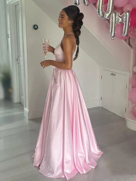A Line Backless Pink Satin Long Prom Dresses with Pocket, Long Pink Formal Graduation Evening Dresses SP2420