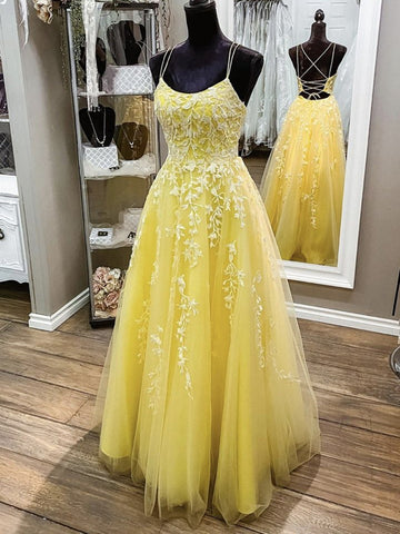 A Line Backless Yellow Lace Long Prom Dresses, Yellow Lace Formal Graduation Evening Dresses