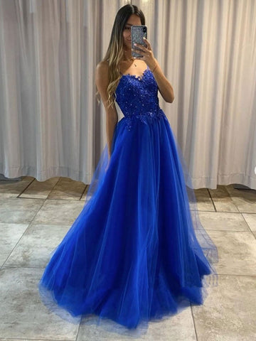 A Line Blue Lace Beaded Long Prom Dresses, Blue Lace Formal Graduation Evening Dresses SP2121