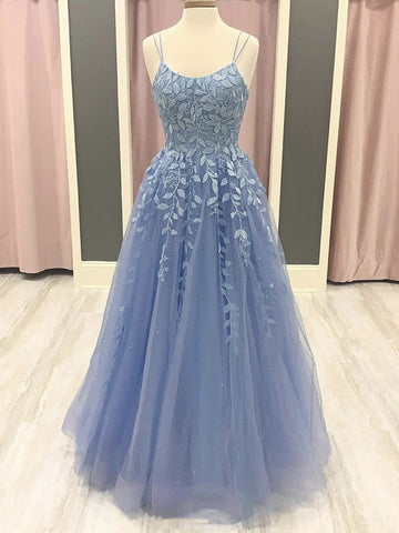 A Line Blue Lace Long Prom Dresses, Blue Lace Formal Dresses, Blue Evening Dresses