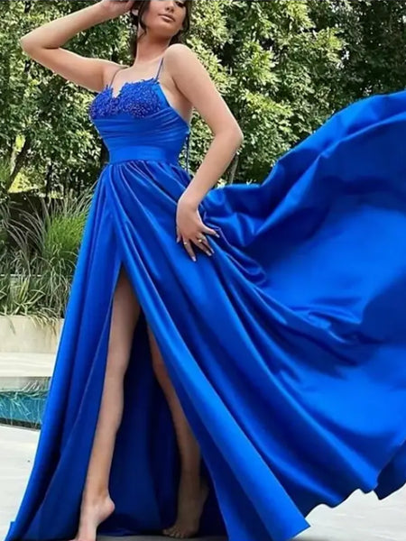 A Line Blue Lace Long Prom Dresses with High Slit, Long Blue Formal Gr
