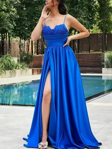 A Line Blue Lace Long Prom Dresses with High Slit, Long Blue Formal Graduation Evening Dresses SP2501