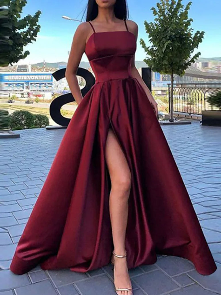 A Line Burgundy/Black/Red Satin Long Prom Dresses with High Slit, Long Shiny Party A Line Burgundy/Black/Red Satin Long Prom Dresses with High Slit, Long Shiny Party